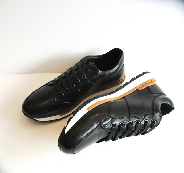 Black Leather Luxe Flatform Trainers with Cushioned Insole
