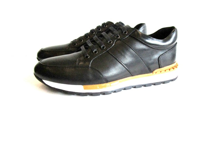 Black Leather Luxe Flatform Trainers with Cushioned Insole