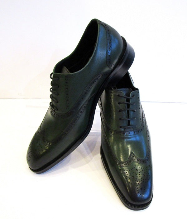 "Emerald Prestige: High-Polished Green Brogue Lace-Up with Comfort Sole & Stacked Heel"
