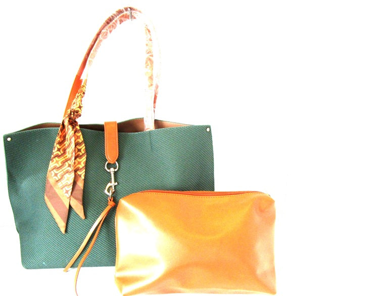 Elegant Two-Piece Tote Set – Rich Green & Tan Faux Leather with Gold Accents