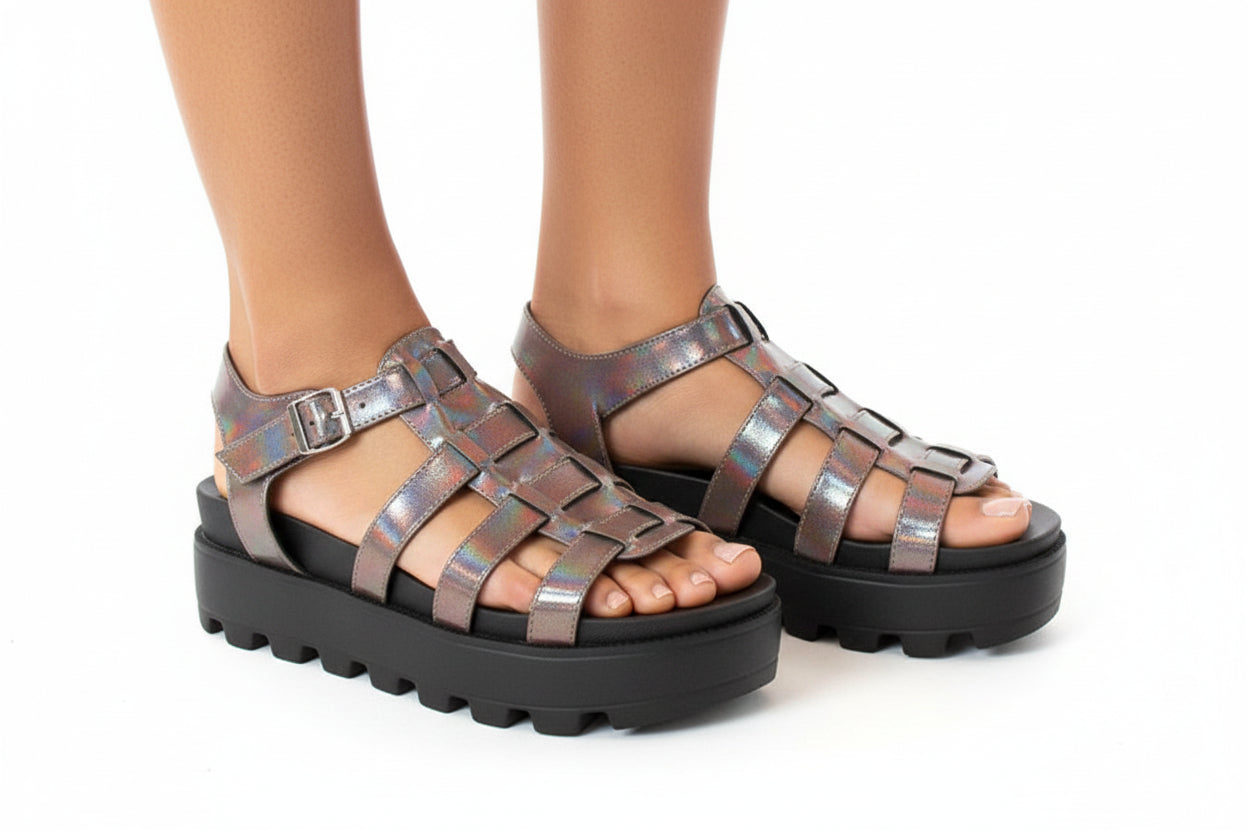 METLIC PEWTER FLAT FORM SANDAL