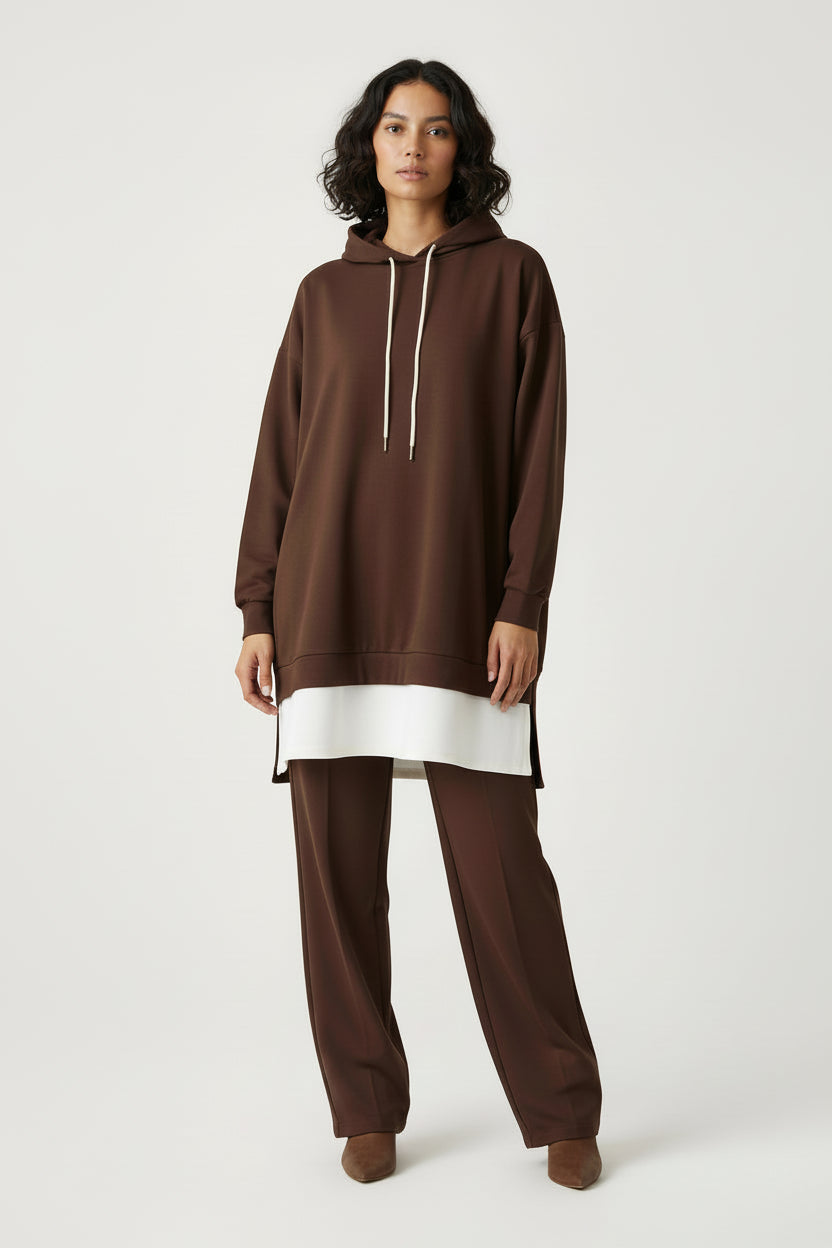 co -ord set brown and cream with hoodi