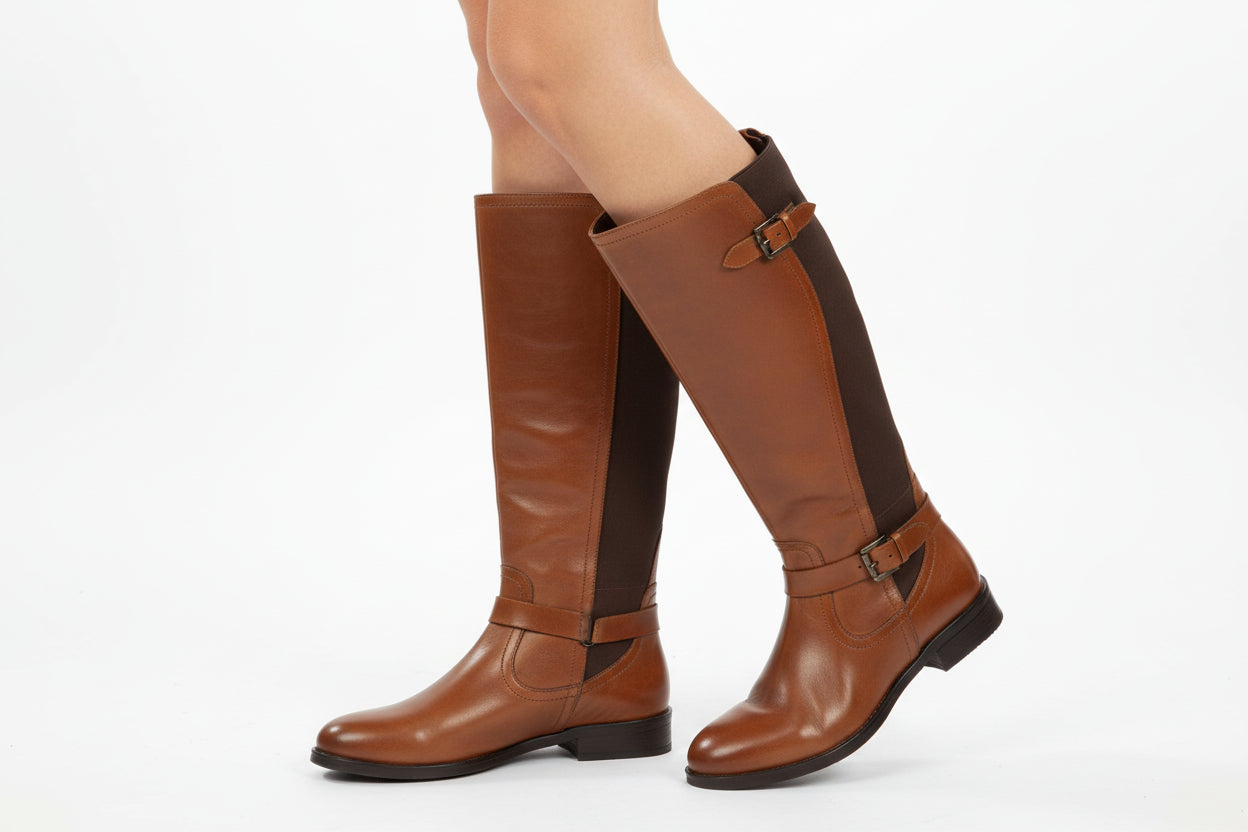 TAN KNEE HIGH ZIP UP BOOTS WITH ELASTIC GUSSETS