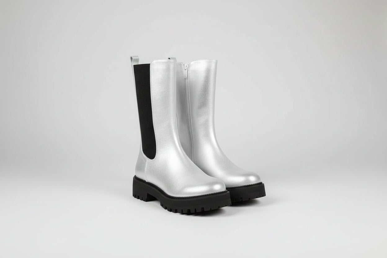silver zip up boot with lastic gusset