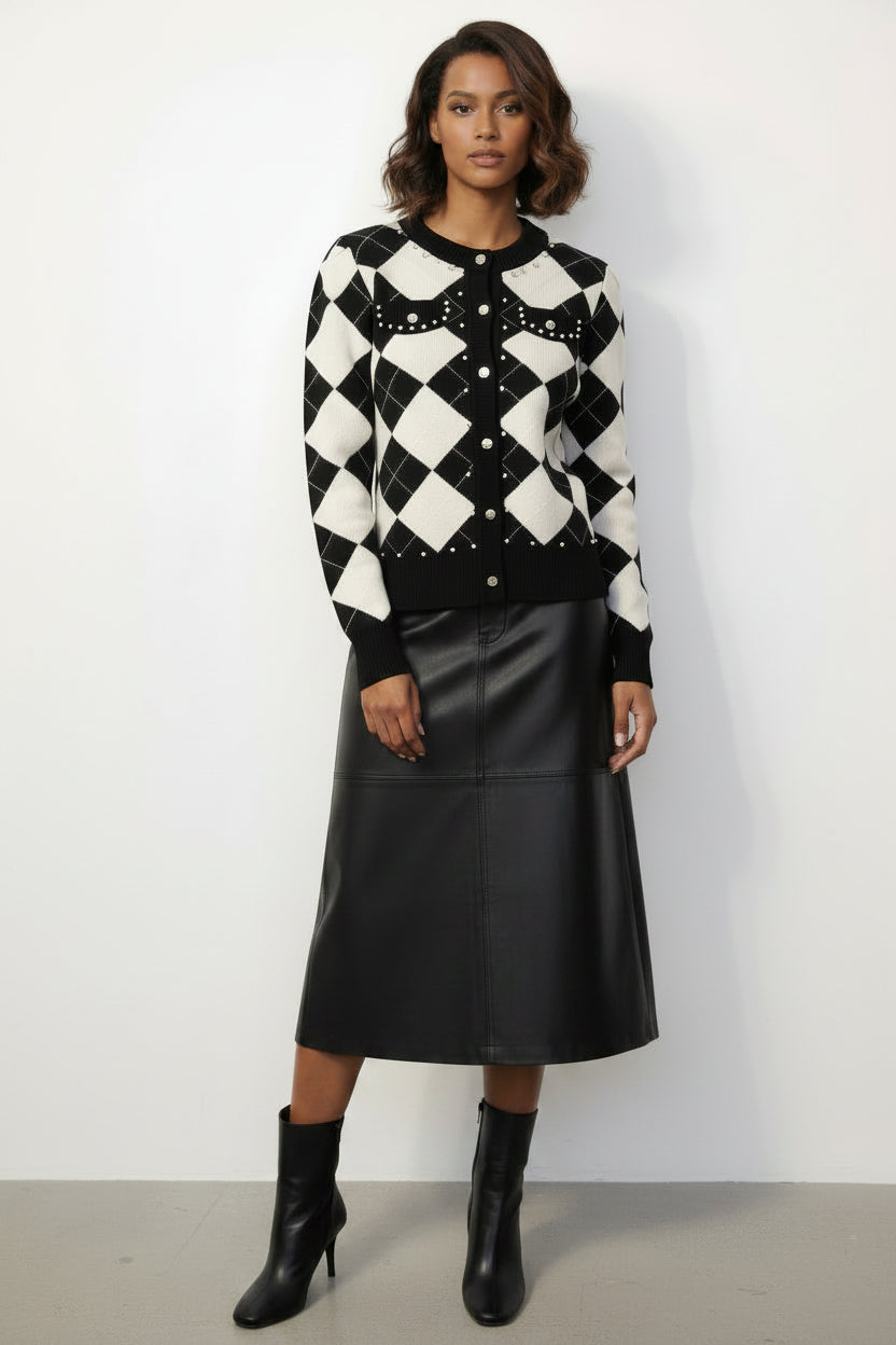 black and white check cardican with buttons