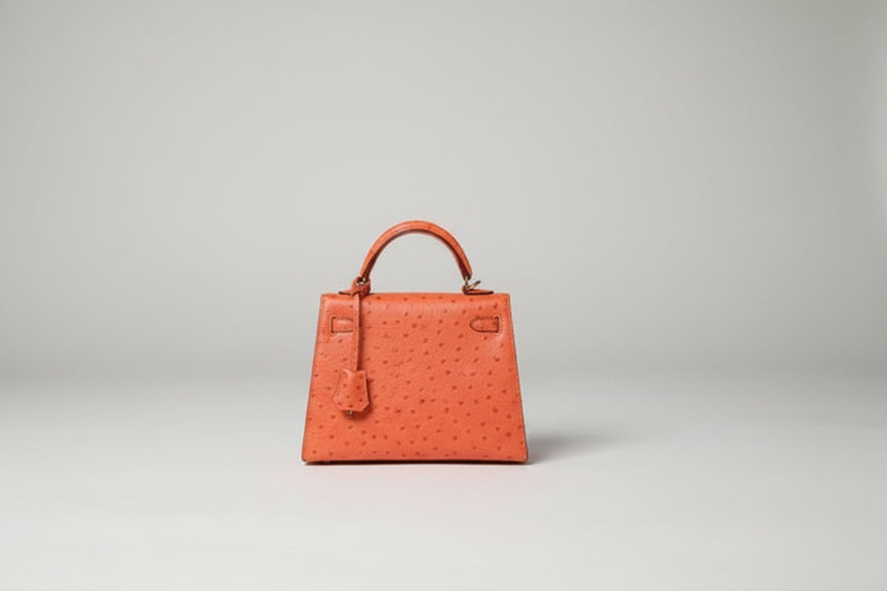 ORANGE OSTRICH PRINT SHORT HAND BAG