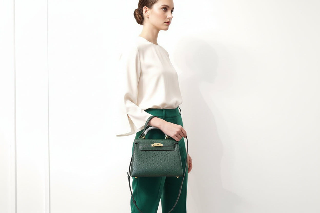 BOTTLE GREEN BAG WITH OSRTICH PRINT UNIQUE DESIGER INSPIERED DESIGN