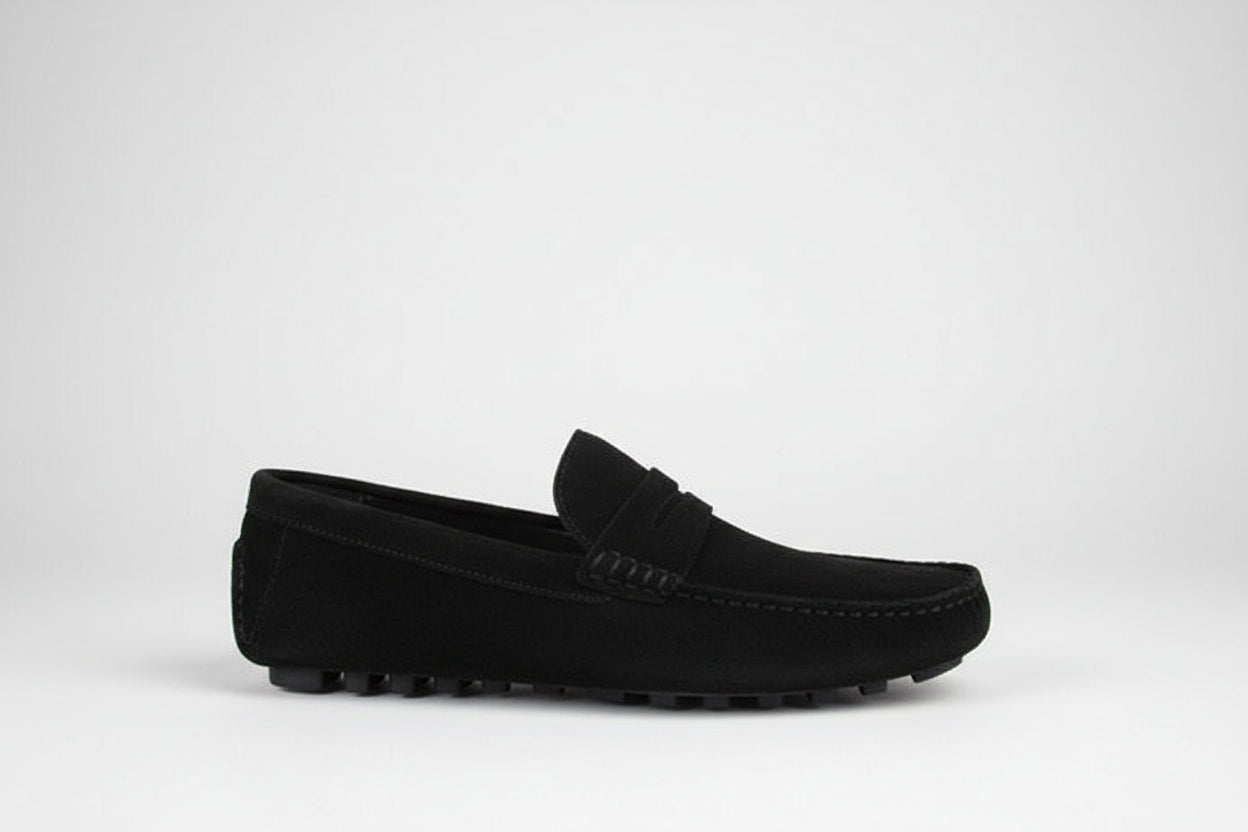BOW, BLACK SUEDE DRIVER SHOE WITH HEEL GUARD