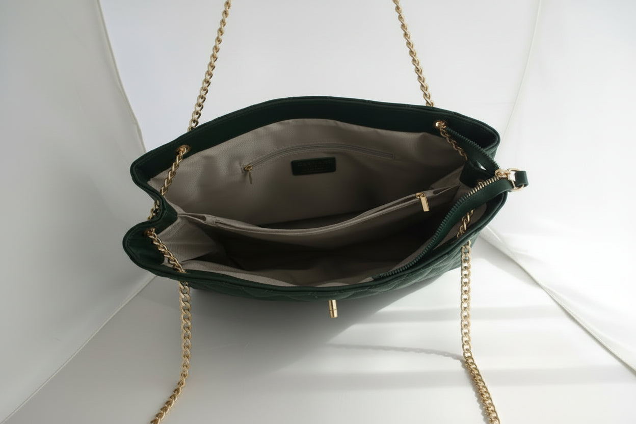GREEN TOTE BAG WITH GOLD HARD WEAR CHAIN FAUX LEATHER