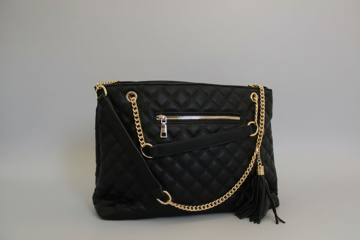 navy blue tote bag with gold chain hard wear