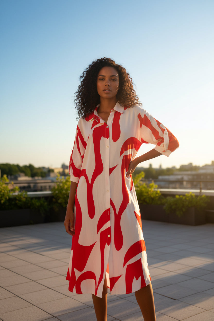 lining dress red and white print