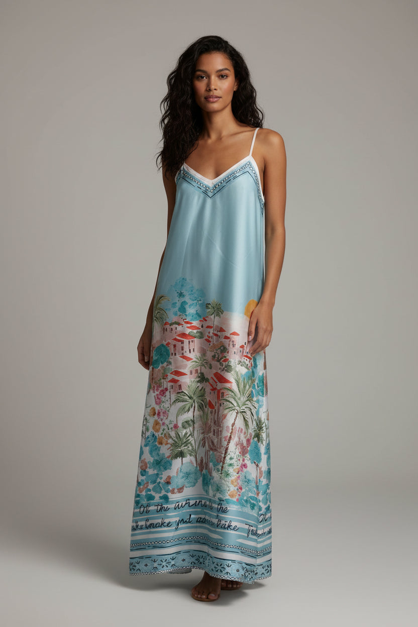 LONG LENTH BABY BLUE FLORAL SPETTI STRAPS
