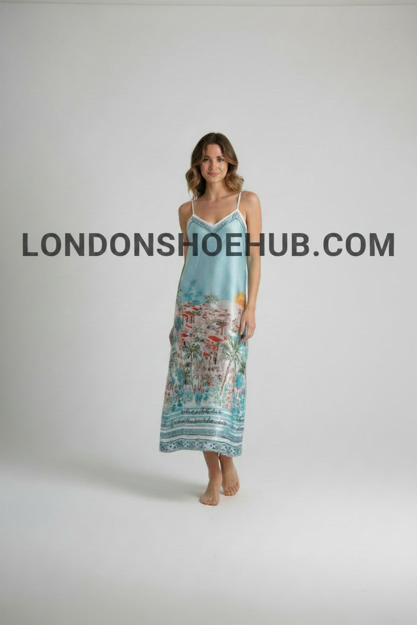 PARISIAN BABY BLUE LONG LENTH SILKY VIRBE DRESS