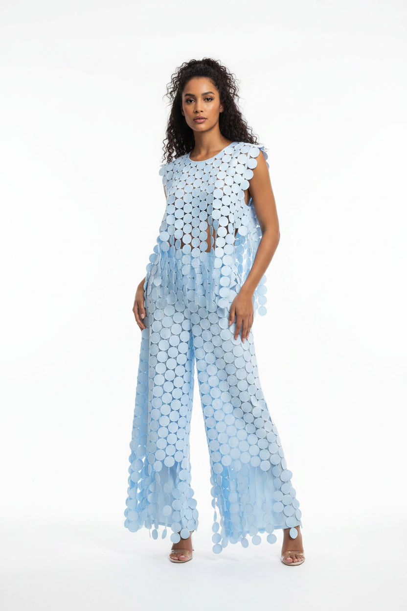 TWO PIECE CUT OUT TOP AND BOTTOM STUNNING BABY BLUE