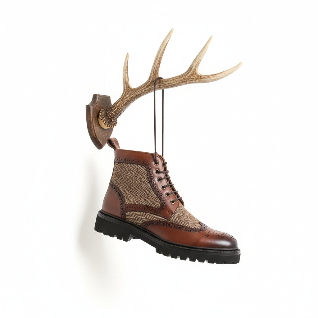 BROWN LEATHER LACE UP TWEED DESIGN MENS CHUNKY BOOT 