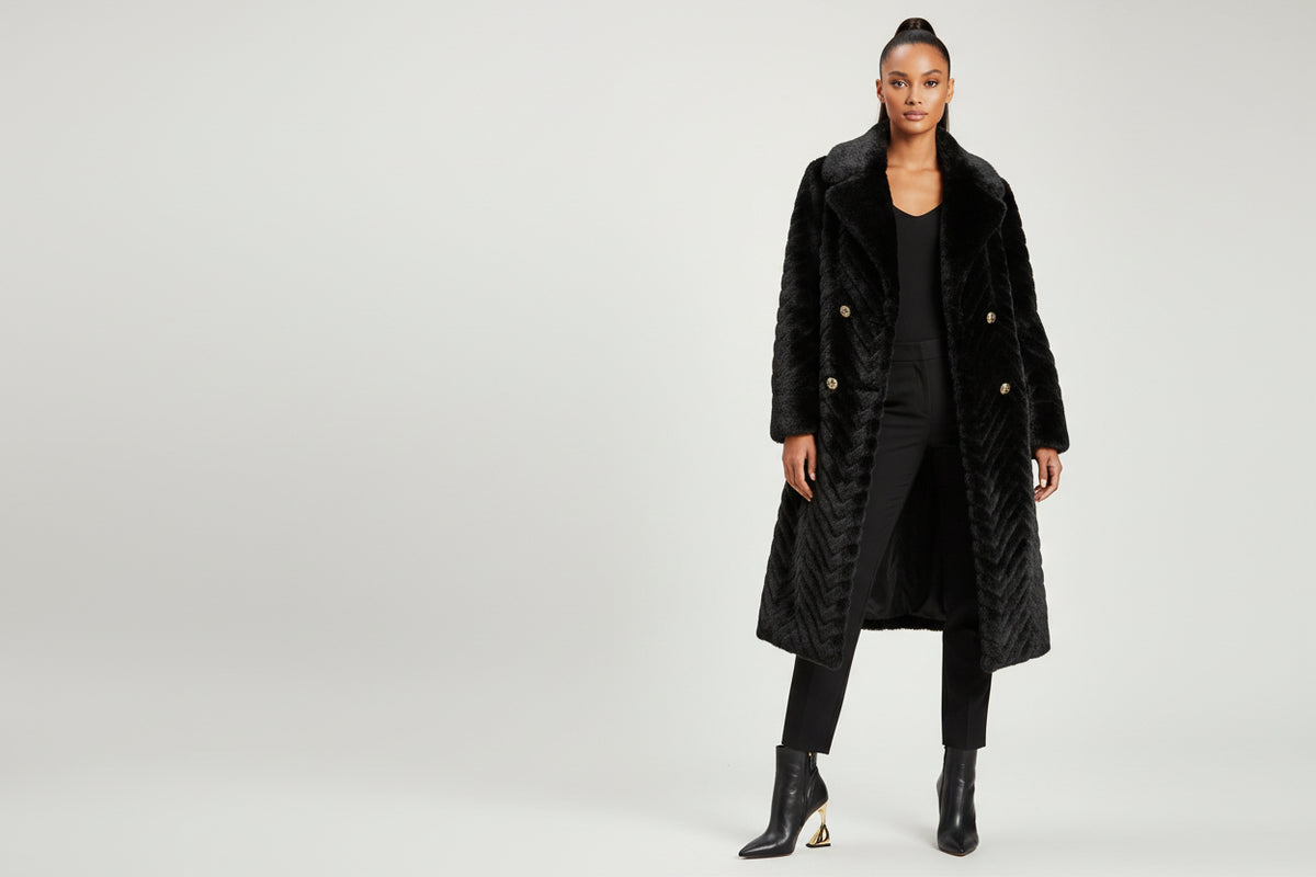 BLACK FAUX FUR KNEE LENTH  COAT 