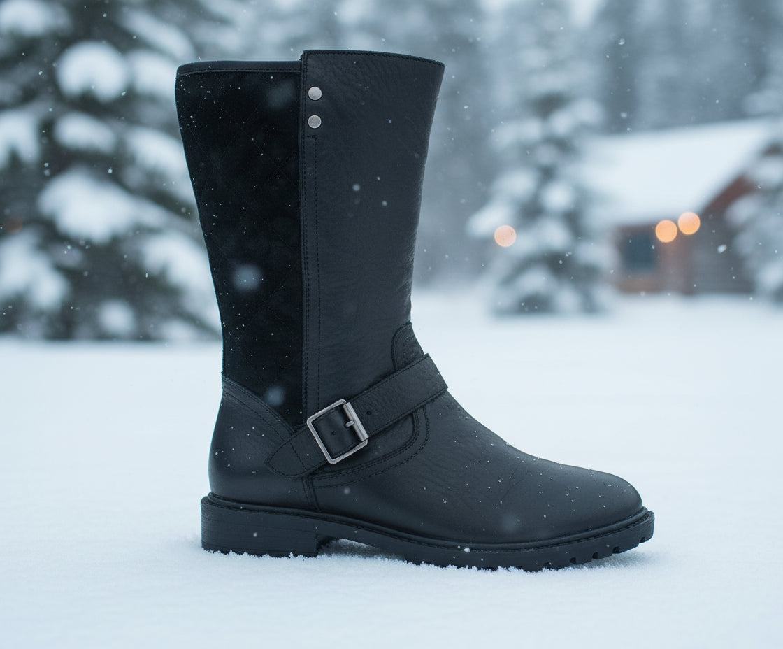 black leather boot with buckles zip up three quarted