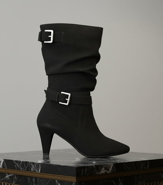 BLACK RAVELS SUEDE BOOT WITH HEEL AND BUCKL DETAIL