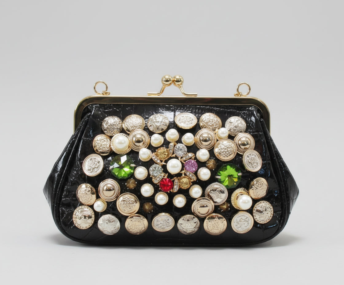 black gemstone and pearls small hand bag 