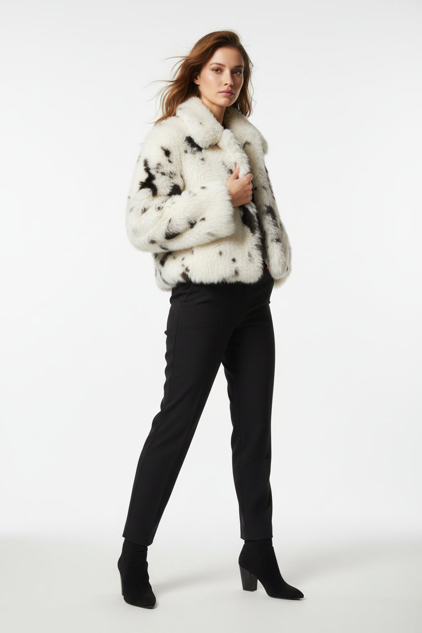 fur  jacket  with zip up cow ptint black and white 