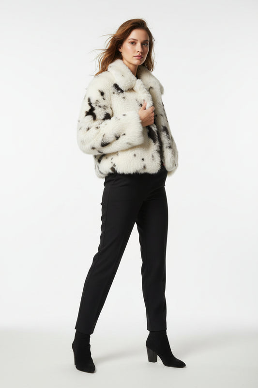 fur  jacket  with zip up cow ptint black and white 