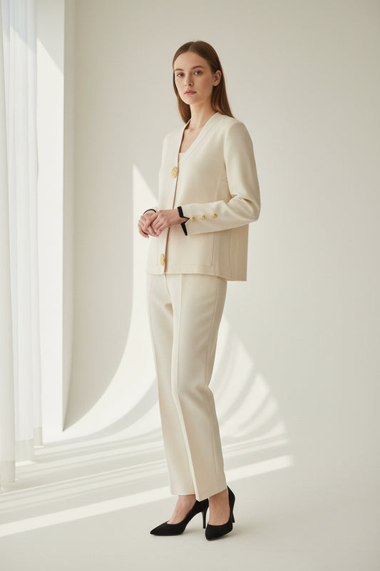 cream fine knit coord gold sticking buttons on front and small gold buttons on arms 