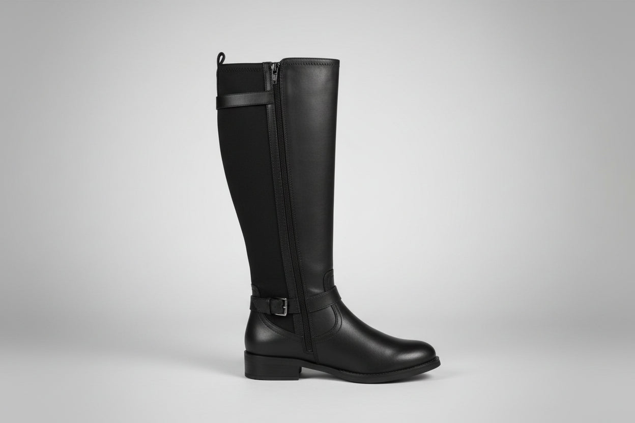 black leather boots with elastic gsset and strap buckles 