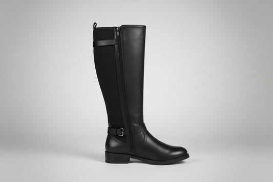 black leather boots with elastic gsset and strap buckles 