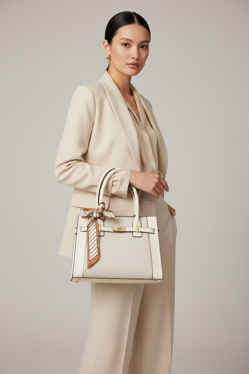 UNIGE DESIGNER INSPIRED SHORT HANDLES COMES WITH A LONG STRAP OFF WHITE COLOUR COME WITH DETAIL PRINT MININSCARF WRAPED AROUND HANDLES