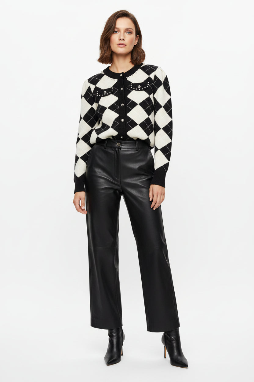 BLACK AND WHITE CHECK PTERN WITH DIEMONTES WITH PEARLS BUTTON S