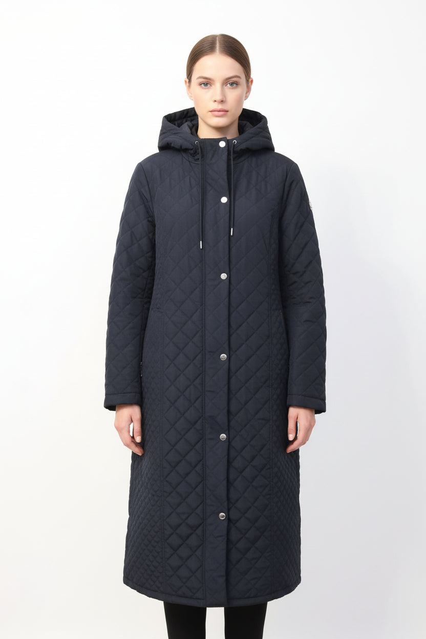 navy quilted hoded knee lenth coat 