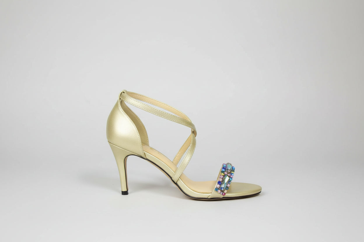 GOLD ANKLE STRAP THREE INCH HEEL WITH JEWELSDEATIL ON FRONT STRAP 