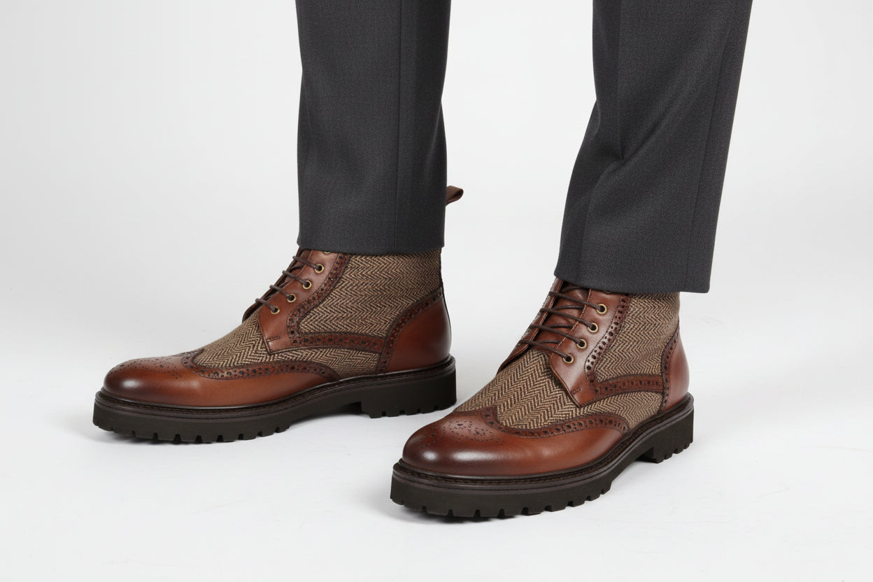 Brown leather boot on with a combination of tweed lace up boot 