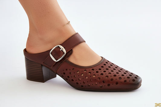 Brown perforated sandal with a buckle 