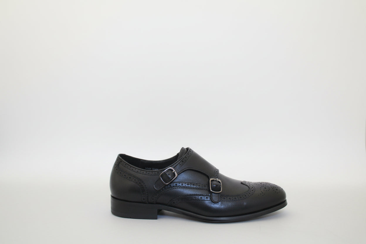 BLACK LEATHER DOUBLE  BUCKLE  MONK SHOE WITHEXRA COMFORT INNER SOCK 