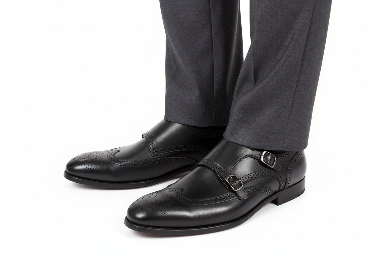 DOUBLE BUCKLE MONK SHOE WITH BROGUE DESIGN DETAIL ON FRONT 