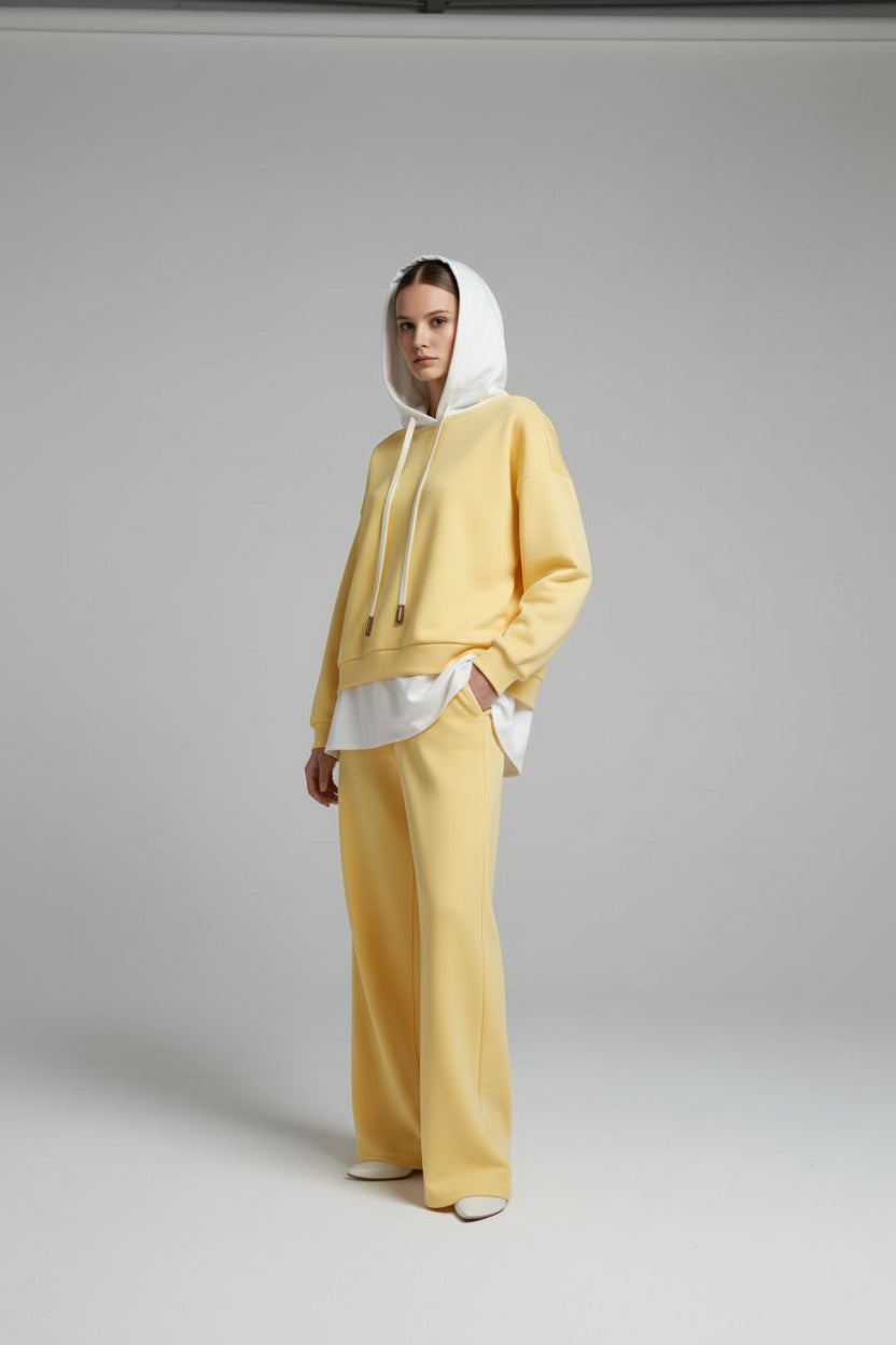 YELLOW CO-ORD WITH TROUSES AND HOOD 