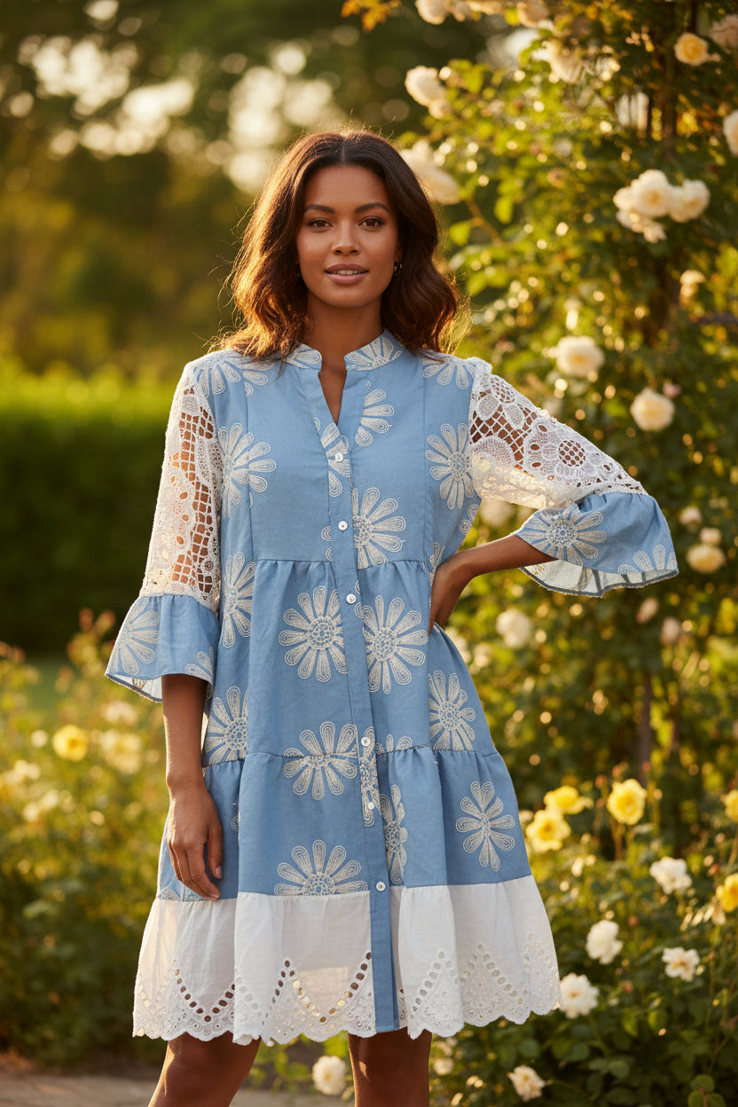 DENIM COLOUR MINI DRESS WITH COTTON LACE 
