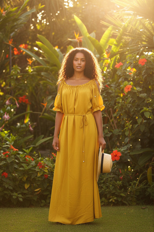 SATIN MUSTARD LONG DRESS 