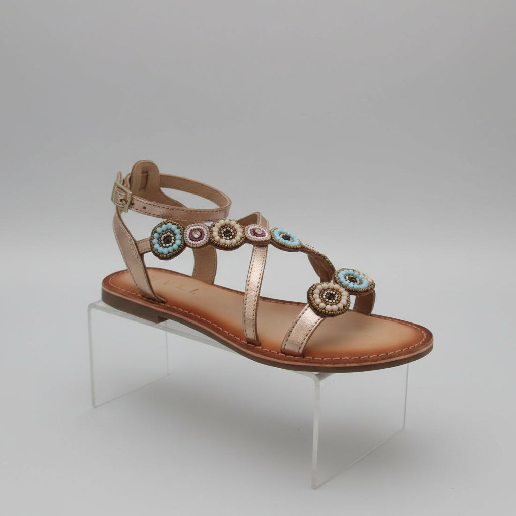gold ankle strap embelished sandals leather