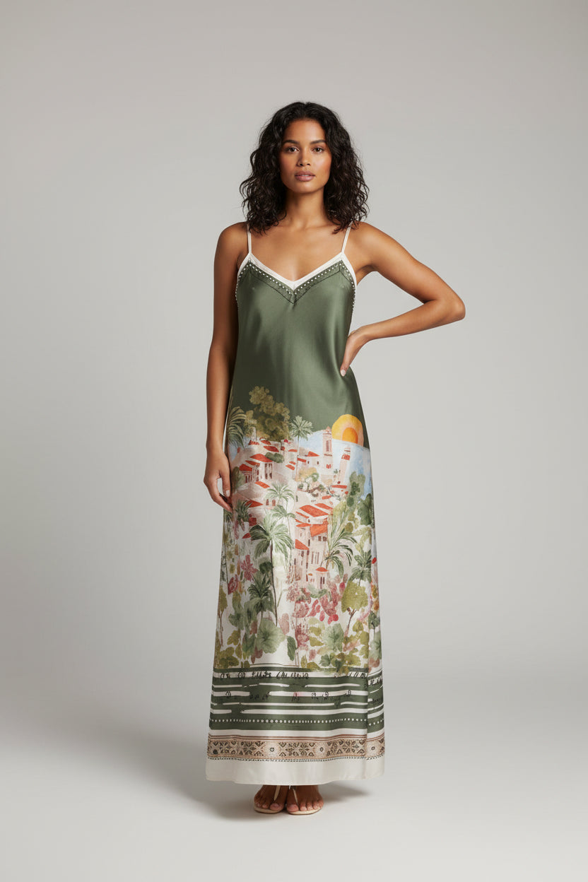 PARISIAN GREEN PRINT LONG LENTH DRESS WITH SILKY VIRBE 