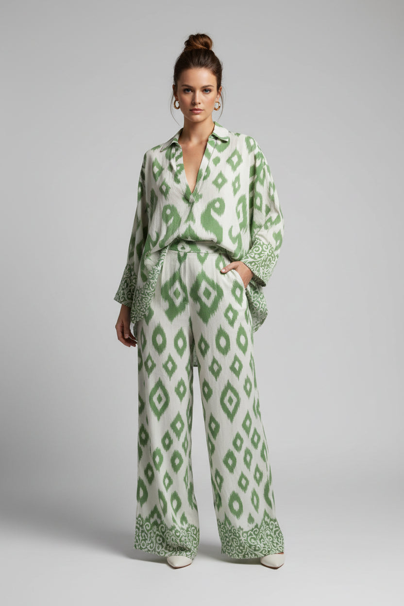 THIS TWO PIECE CREAM AND GREEN TOP AND BOTTOM CO ORD 