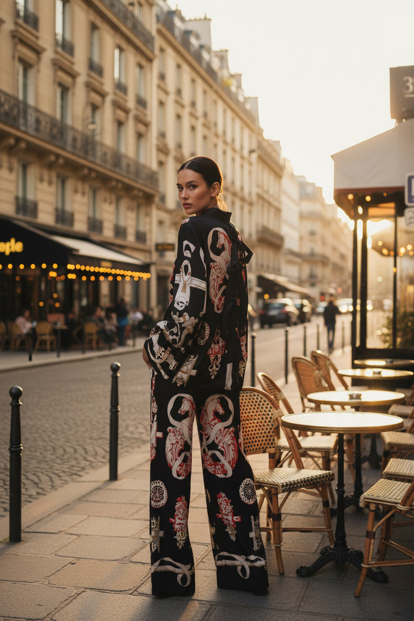 stunning co ord shirt and wide trouseswhih stunning print black back round with mulit colours shwing the back o this shirt you can see the tie up bows smart and cool for summer evening s