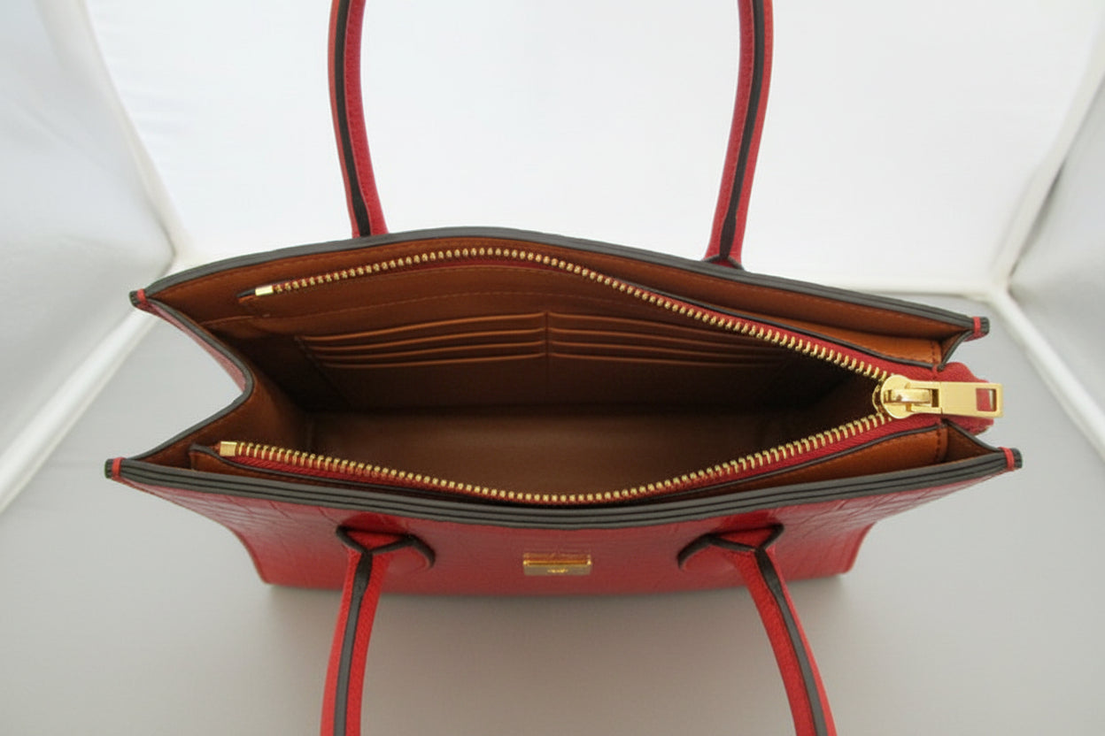 REMI , RED ANIMAL PRINT HAND BAG WITH SHORT HANDALS